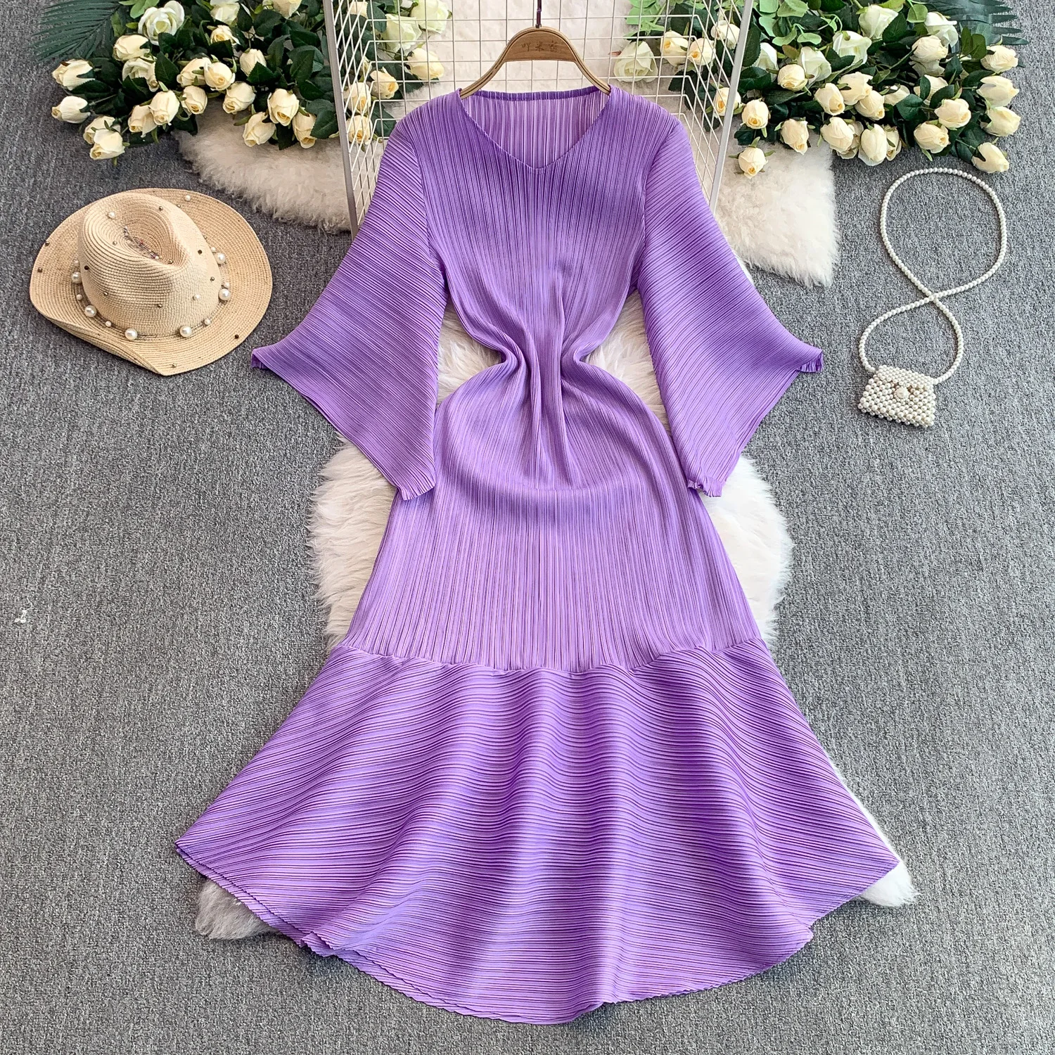 Sexy Ruched long sleeve loose Vintage korean fashion Evening A-line dress Beach dresses women clothing 
Sexy Ruched long sleeve loose Vintage korean fashion Evening A-line dress Beach dresses women clothing