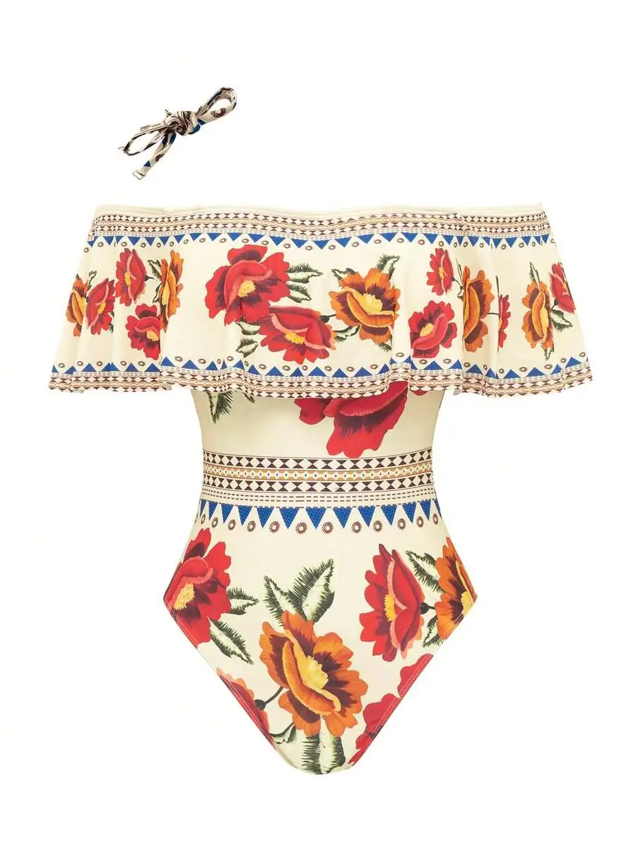 Elegant Vintage Off Shoulder Detachable Strap One Piece Swimsuit With Floral Print And Pleated Ruffle
Elegant Vintage Off Shoulder Detachable Strap One Piece Swimsuit With Floral Print And Pleated Ruffle
