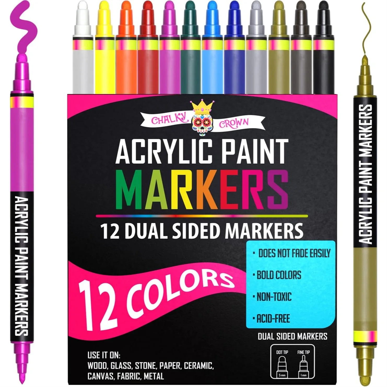 Acrylic Paint Markers Dual Tip 12 Pack - Fine & Dot Tip Pens for Rock Painting, Fabric, Canvas, Wood - Water Based
Acrylic Paint Markers Dual Tip 12 Pack - Fine & Dot Tip Pens for Rock Painting, Fabric, Canvas, Wood - Water Based