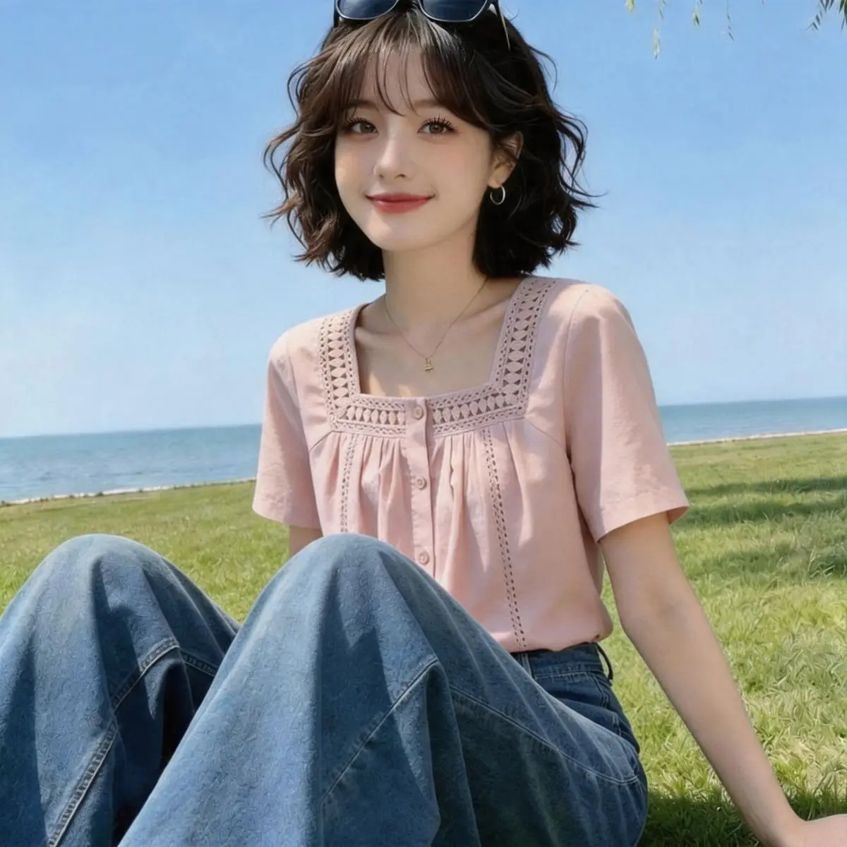 plus Size Casual Style Hollow out Square Collar Short Sleeve Shirt Women Summer Plump Lazy Loose Slimming Simple Top
plus Size Casual Style Hollow out Square Collar Short Sleeve Shirt Women Summer Plump Lazy Loose Slimming Simple Top