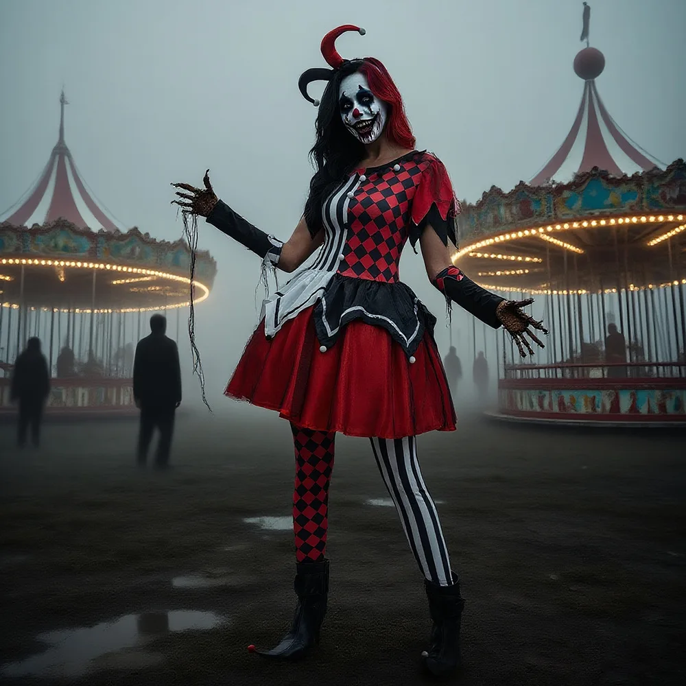 Halloween Scary Clown Costume Woman Red White Black Dress Headwear Pants Cosplay Anime Nightclub Party Stage Show Wear 2025
Halloween Scary Clown Costume Woman Red White Black Dress Headwear Pants Cosplay Anime Nightclub Party Stage Show Wear 2025