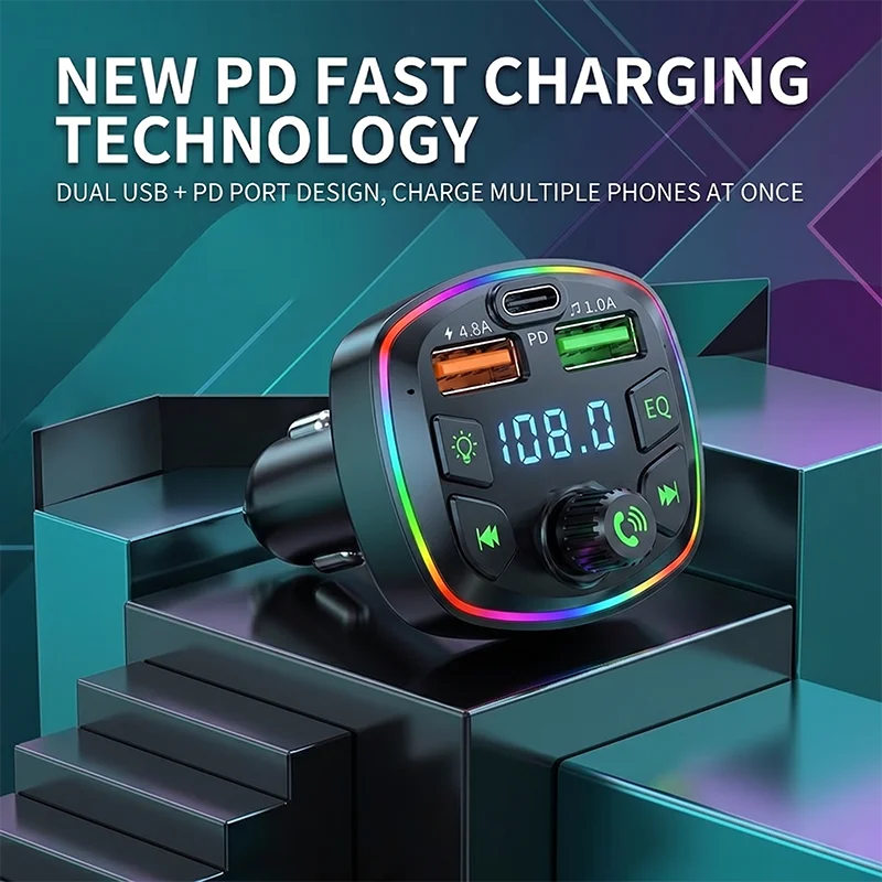 Car Bluetooth FM Transmitter with RGB Light PD Fast Charger Dual USB Ports Hands-Free Calling Wireless Audio Radio Adapter
Car Bluetooth FM Transmitter with RGB Light PD Fast Charger Dual USB Ports Hands-Free Calling Wireless Audio Radio Adapter