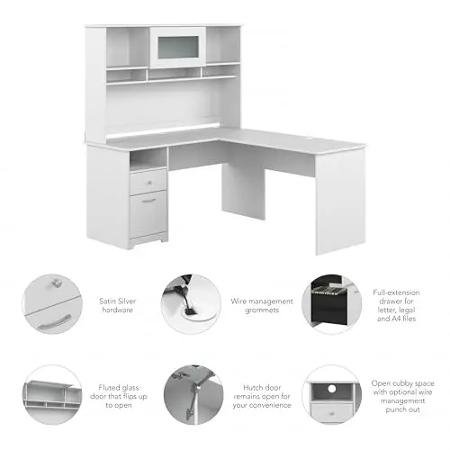 White L-Desk With Hutch And One-Pedestal Storage, 60 Inch Width
White L-Desk With Hutch And One-Pedestal Storage, 60 Inch Width