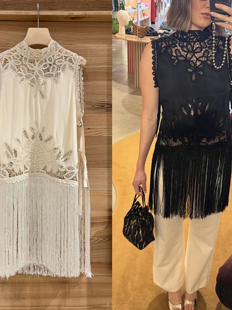 French Style Knot Hollow out Sleeveless Stand Collar Women's Shirt Summer 2026 Tassel Trim Mid-Length Fashion Top
French Style Knot Hollow out Sleeveless Stand Collar Women's Shirt Summer 2026 Tassel Trim Mid-Length Fashion Top