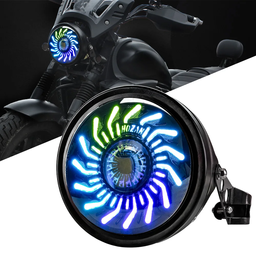 7" Spiral Daisy RGB DRL Motorcycle Headlight Kit w/ Black Housing & Barrel Bracket, App Control, Universal Fit
7" Spiral Daisy RGB DRL Motorcycle Headlight Kit w/ Black Housing & Barrel Bracket, App Control, Universal Fit