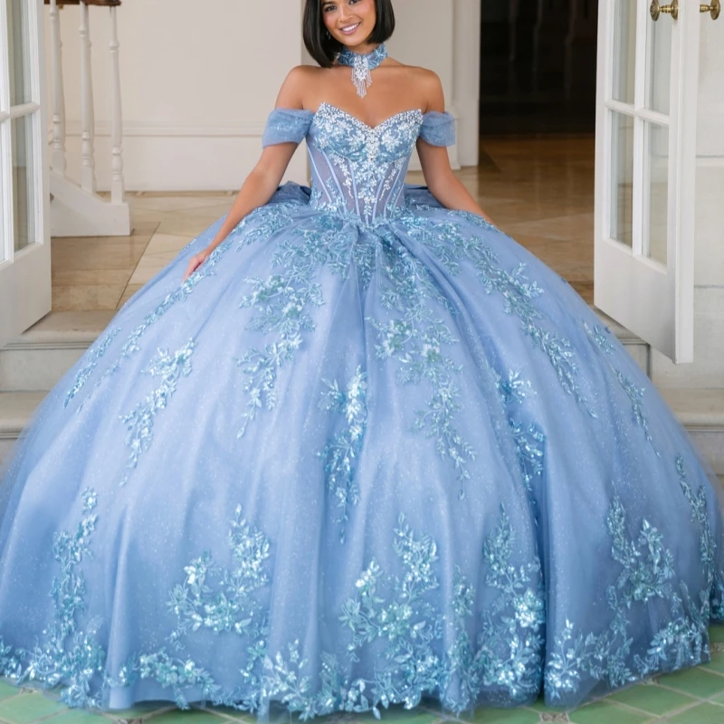 Sea Blue Shiny Quinceanera Dresses Off Shoulder Ball Gown Sweet 16 Dress Sequin Applique Beading Crystal Bow Corset Tull Birthda
Sea Blue Shiny Quinceanera Dresses Off Shoulder Ball Gown Sweet 16 Dress Sequin Applique Beading Crystal Bow Corset Tull Birthda