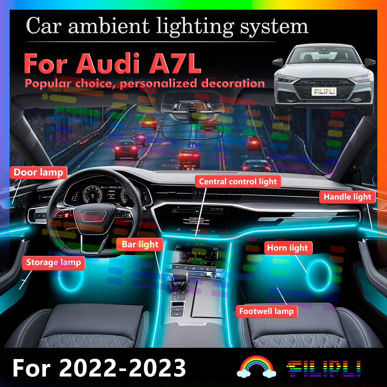 For Audi A7L Car Interior Atmosphere Lamp Kit RGB 64-Color LED Rainbow Acrylic Strip Smart Remote Control Energy Saving Efficien
For Audi A7L Car Interior Atmosphere Lamp Kit RGB 64-Color LED Rainbow Acrylic Strip Smart Remote Control Energy Saving Efficien