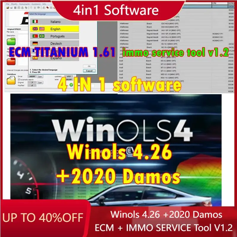 4in1 Software includes Winols 4.26+2020 Damos+ECM Titanium+IMMO service tools, automotive repair software, and full data Winols
4in1 Software includes Winols 4.26+2020 Damos+ECM Titanium+IMMO service tools, automotive repair software, and full data Winols
