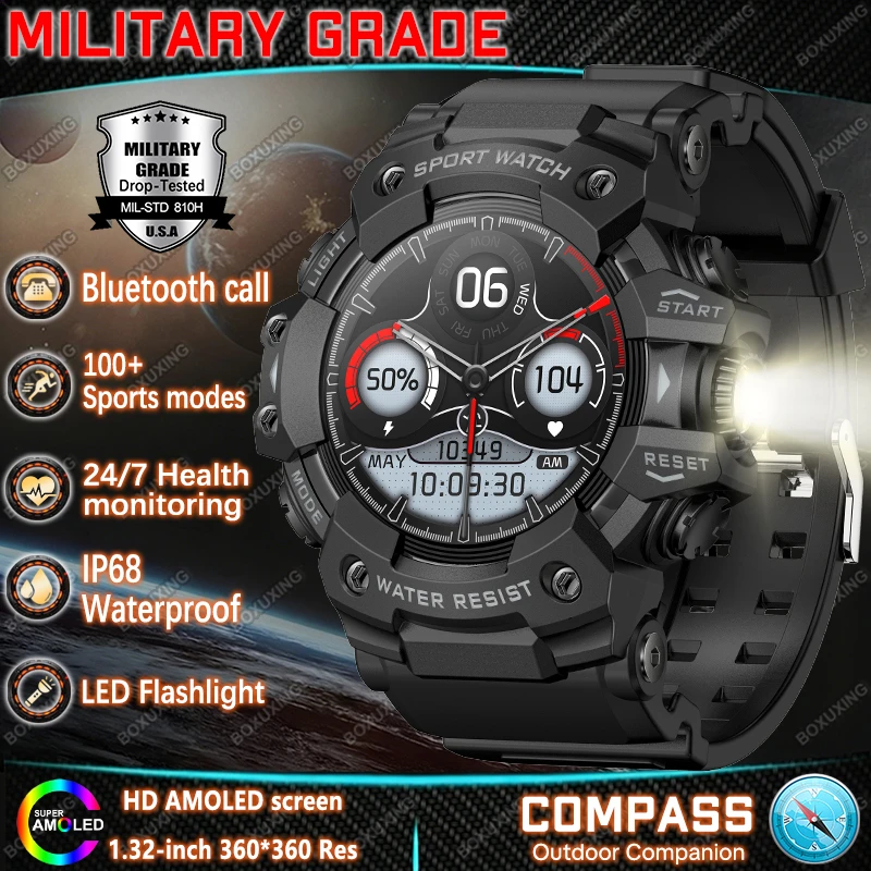 New Military Rugged Smartwatches Men IP68 Waterproof Sports Tracker Heart Rate Compass Flashlight HD Call GPS Path Smart Watch