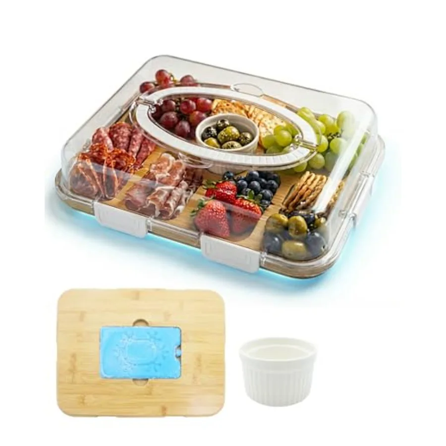 Поднос для закусок с крышкой и охлаждающим элементом, 6 защелкивающихся фиксаторов, со встроенной емкостью для соуса, большой портативный поднос для сыра с ручкой, сервировочный поднос
Поднос для закусок с крышкой и охлаждающим элементом, 6 защелкивающихся фиксаторов, со встроенной емкостью для соуса, большой портативный поднос для сыра с ручкой, сервировочный поднос
