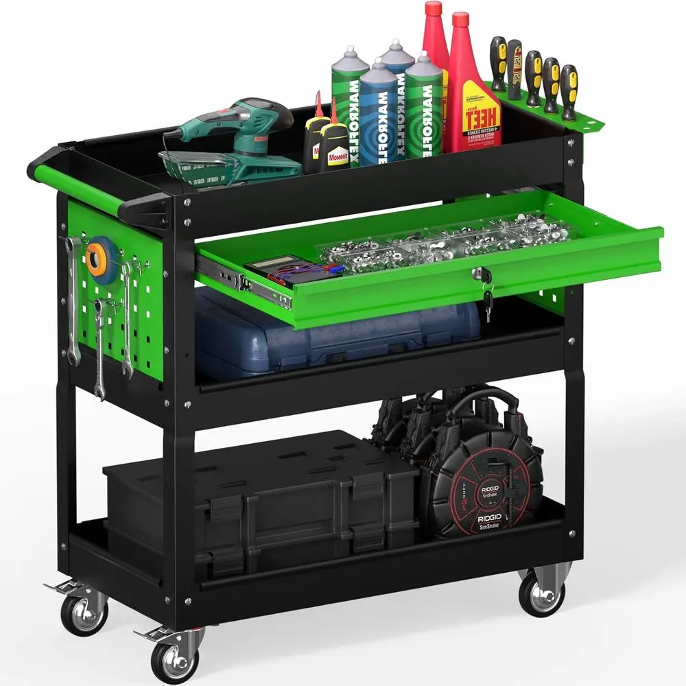 3 Tier Rolling Tool Cart, 550LBS Industrial Mobile Storage Cart with Drawer, Pegboard and Screwdriver Rack for Garage, Workshop
3 Tier Rolling Tool Cart, 550LBS Industrial Mobile Storage Cart with Drawer, Pegboard and Screwdriver Rack for Garage, Workshop