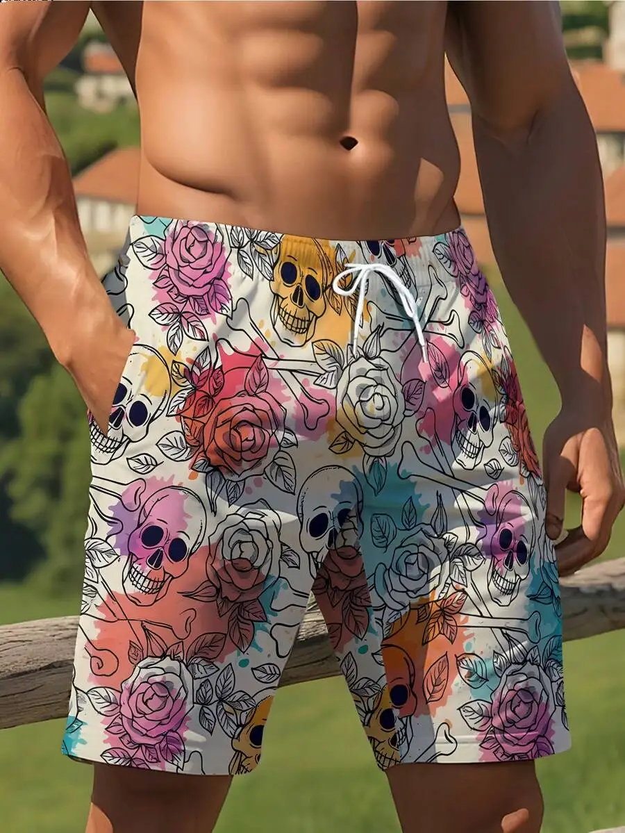 Mens Beach Shorts With Skull And Rose Print, Drawstring Waist, Regular Fit, Stretch Fabric
Mens Beach Shorts With Skull And Rose Print, Drawstring Waist, Regular Fit, Stretch Fabric