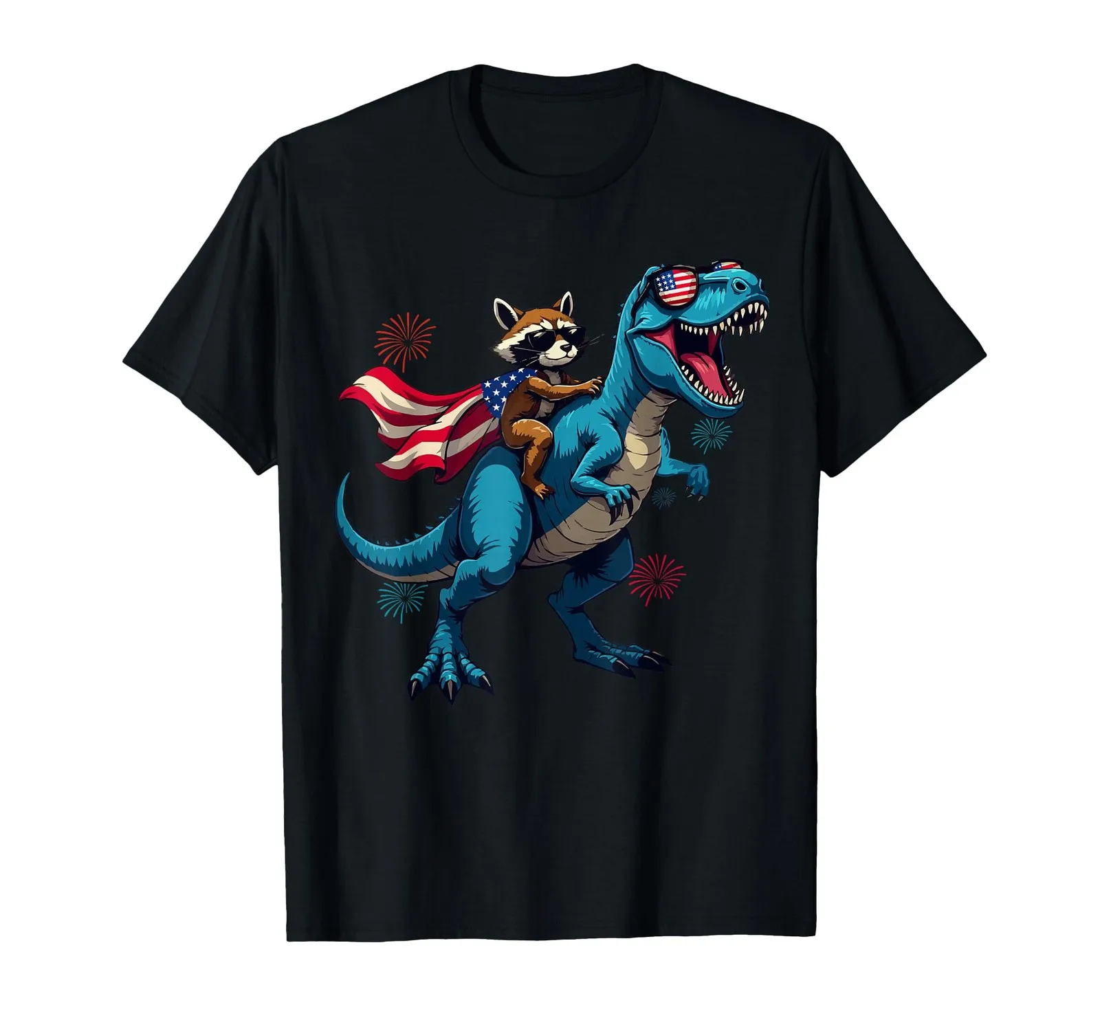 Funny Raccoon on T-Rex for 4th of July Patriotic Tee
Funny Raccoon on T-Rex for 4th of July Patriotic Tee