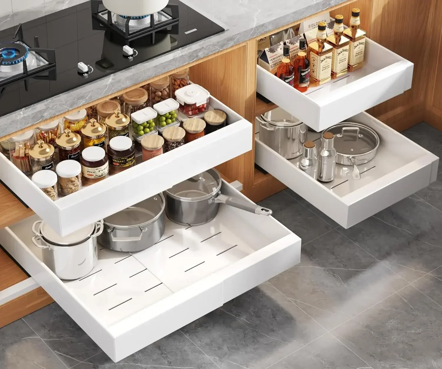 Four Pack Expandable Pull Out Cabinet Organizers Twenty One Inches Deep Raising Pads For Framed Cabinets Three Slide Rails Roll
Four Pack Expandable Pull Out Cabinet Organizers Twenty One Inches Deep Raising Pads For Framed Cabinets Three Slide Rails Roll