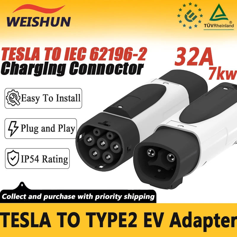 Tesla To Type2 EV AC Adapter 32A 7KW NACS Socket To IEC 62196-2 Plug EVSE Convertor
Tesla To Type2 EV AC Adapter 32A 7KW NACS Socket To IEC 62196-2 Plug EVSE Convertor