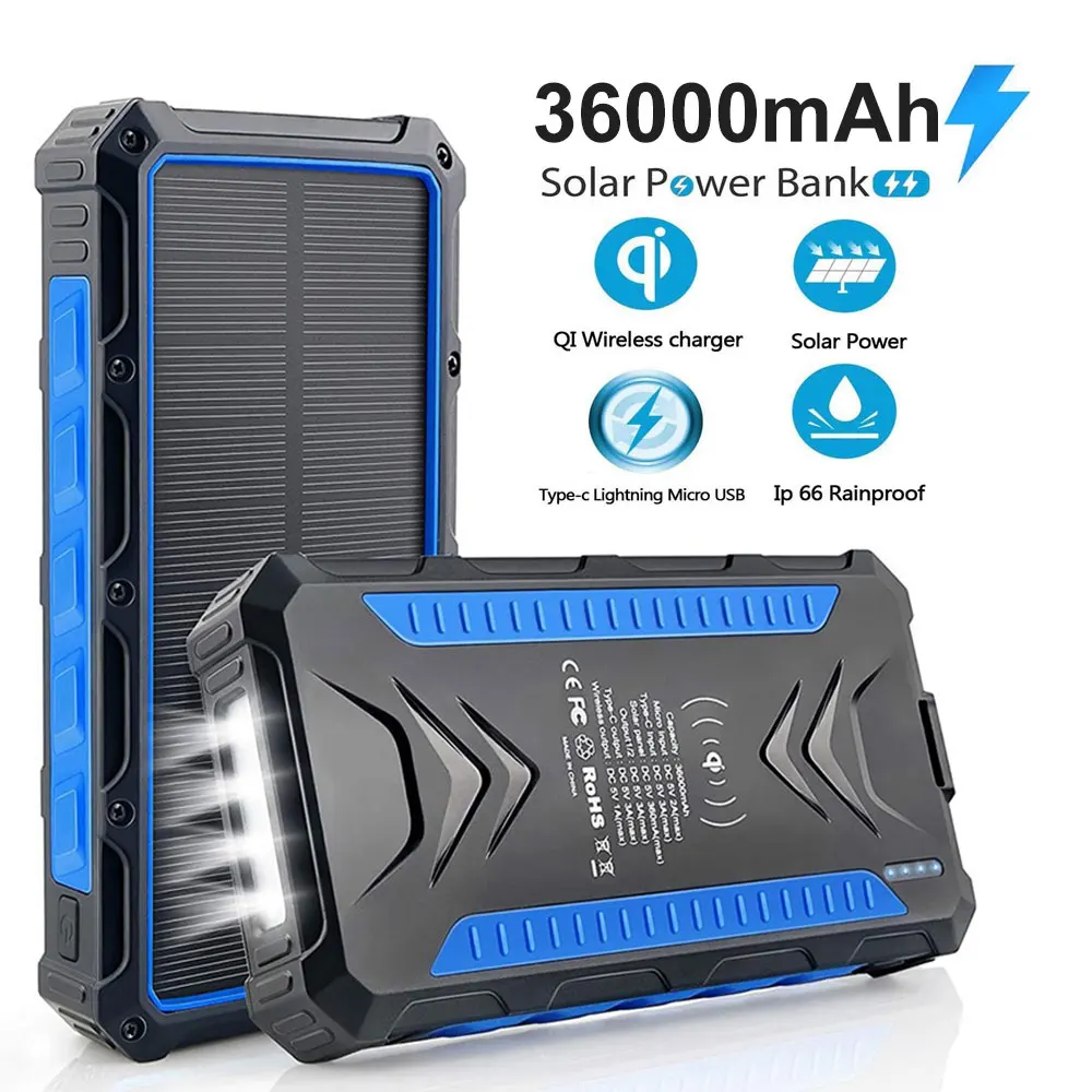 Solar Powerbank 36000mAh Solar Power Bank Fast Qi Wireless Charge Outdoor Waterproof for iPhone Huawei Xiaomi with Camping Light
Solar Powerbank 36000mAh Solar Power Bank Fast Qi Wireless Charge Outdoor Waterproof for iPhone Huawei Xiaomi with Camping Light