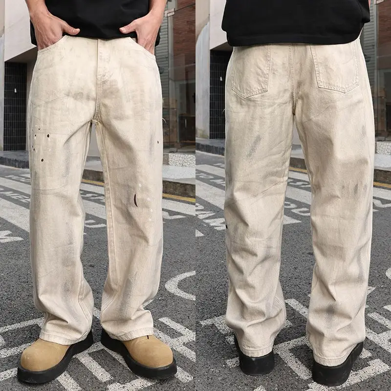 Dirty Washed Beige Baggy Jeans Men Wide Leg Straight Pants Man's High Street Wear
Dirty Washed Beige Baggy Jeans Men Wide Leg Straight Pants Man's High Street Wear