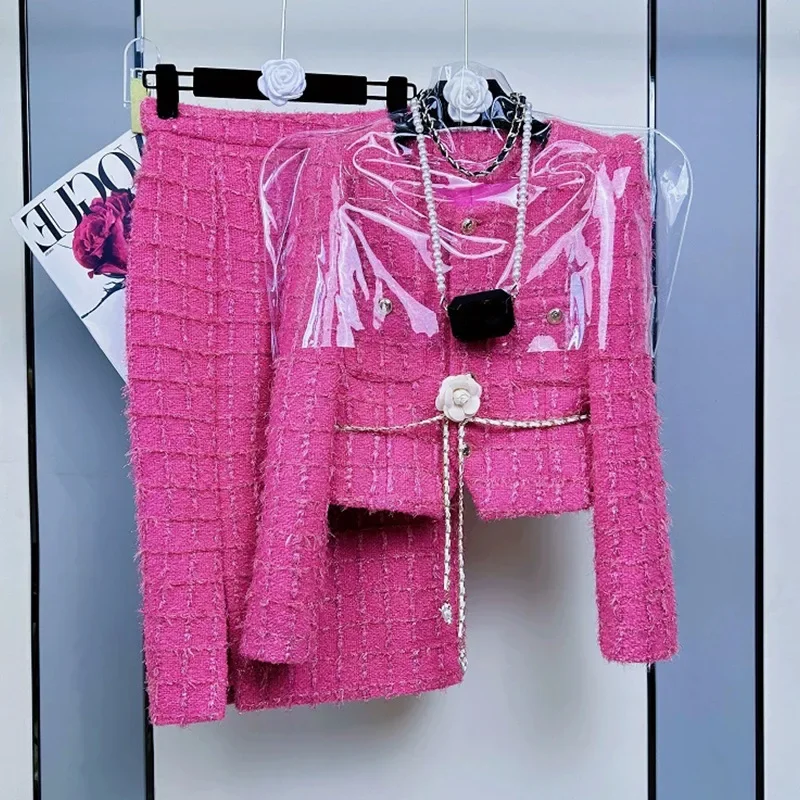 New Small Fragrance Style Set Women's Pink Design Coarse Tweed Jacket Top plus Half-length Skirt Two-piece Set Fashionable Elega
New Small Fragrance Style Set Women's Pink Design Coarse Tweed Jacket Top plus Half-length Skirt Two-piece Set Fashionable Elega