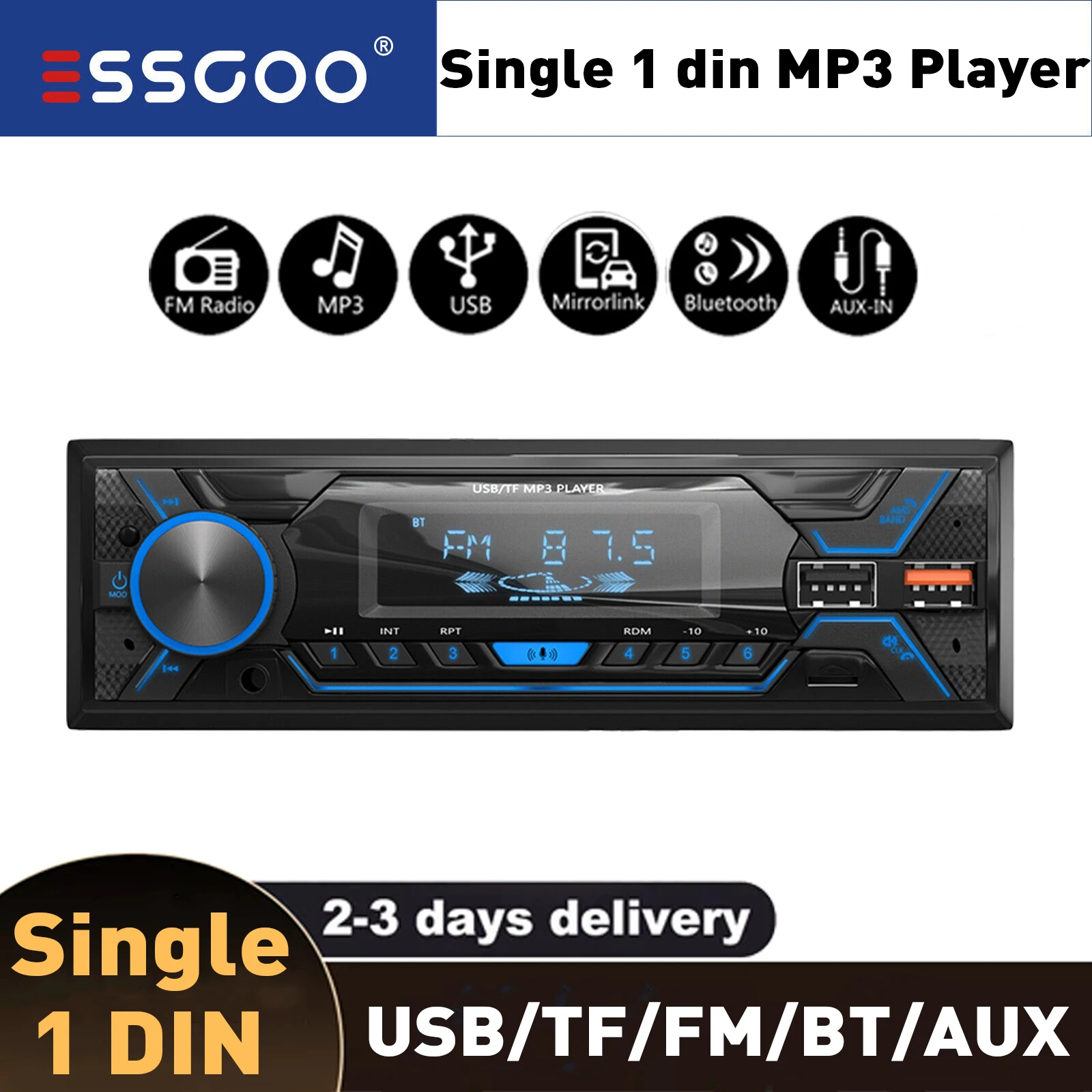 ESSGOO Single 1 Din MP3 Player Car Stereo Bluetooth In-Dash FM Radio SD/AUX/USB/U-Disk Head Unit Handsfree Remote Control
ESSGOO Single 1 Din MP3 Player Car Stereo Bluetooth In-Dash FM Radio SD/AUX/USB/U-Disk Head Unit Handsfree Remote Control