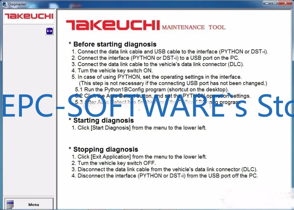 EPC-OFTWARE Инструмент для обслуживания двигателя Takeuchi Diagmaster 4.1.0
EPC-OFTWARE Инструмент для обслуживания двигателя Takeuchi Diagmaster 4.1.0