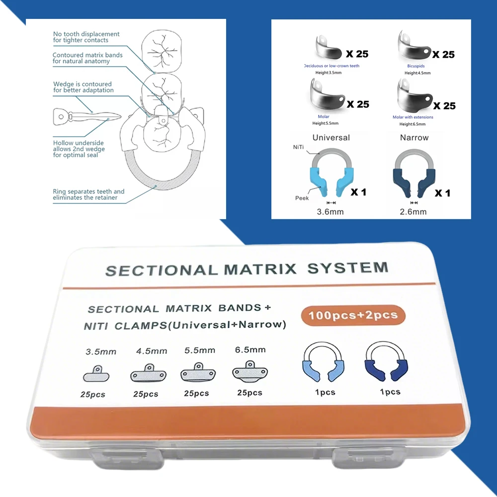 Dental Matrix Band Kit 102PCS with NiTi Clamps for Restorative Dentistry – Contoured Metal Matrices
Dental Matrix Band Kit 102PCS with NiTi Clamps for Restorative Dentistry – Contoured Metal Matrices