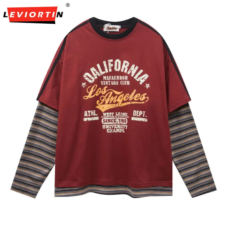 Retro patchwork color blocking casual loose print fake two-piece design sense round neck long sleeved T-shirt for men and women
Retro patchwork color blocking casual loose print fake two-piece design sense round neck long sleeved T-shirt for men and women