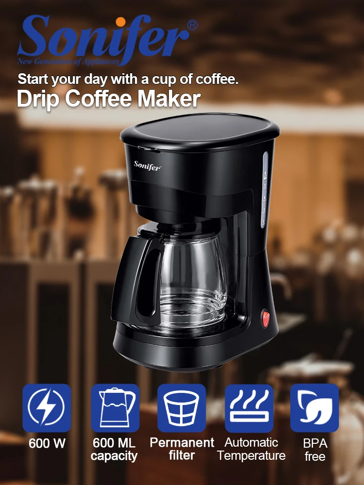 Sonifer SF-3597 Drip Coffee Maker 0.6L 600W Household Cafe Machine with Borosilicate Glass Carafe Permanent Filter Warming Plate
Sonifer SF-3597 Drip Coffee Maker 0.6L 600W Household Cafe Machine with Borosilicate Glass Carafe Permanent Filter Warming Plate