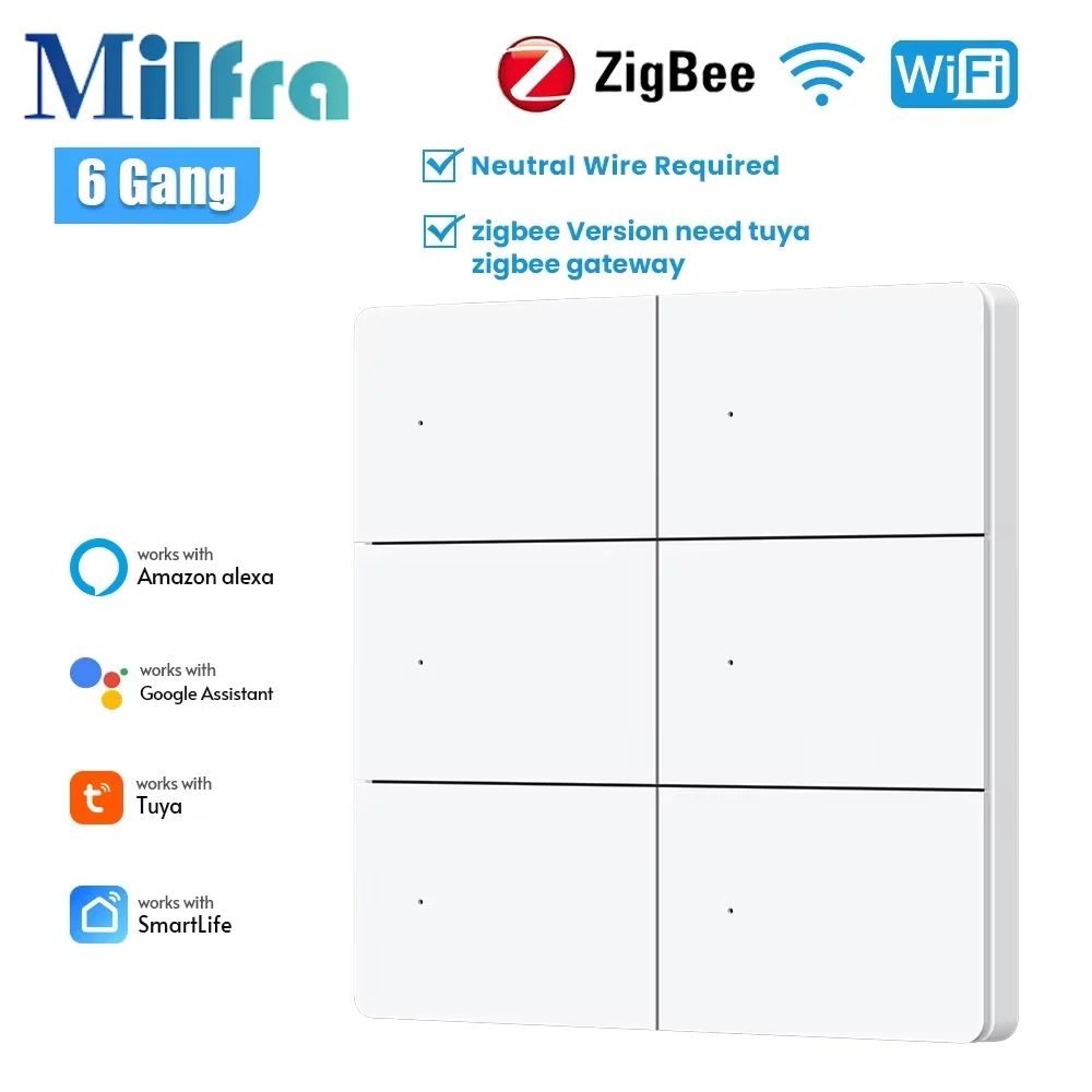 Milfra Smart Switch Zigbee WIFI Light Switch 1/2/3/4/6 Gang Voice Control Work With Alexa Google Home Tuya Control With Neutral
Milfra Smart Switch Zigbee WIFI Light Switch 1/2/3/4/6 Gang Voice Control Work With Alexa Google Home Tuya Control With Neutral