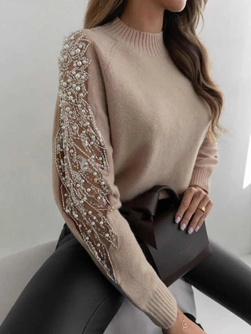 Women Casual Solid Color Contrast Sequin Beaded Sheer Mesh Patchwork Pullover Knit Sweater
Women Casual Solid Color Contrast Sequin Beaded Sheer Mesh Patchwork Pullover Knit Sweater