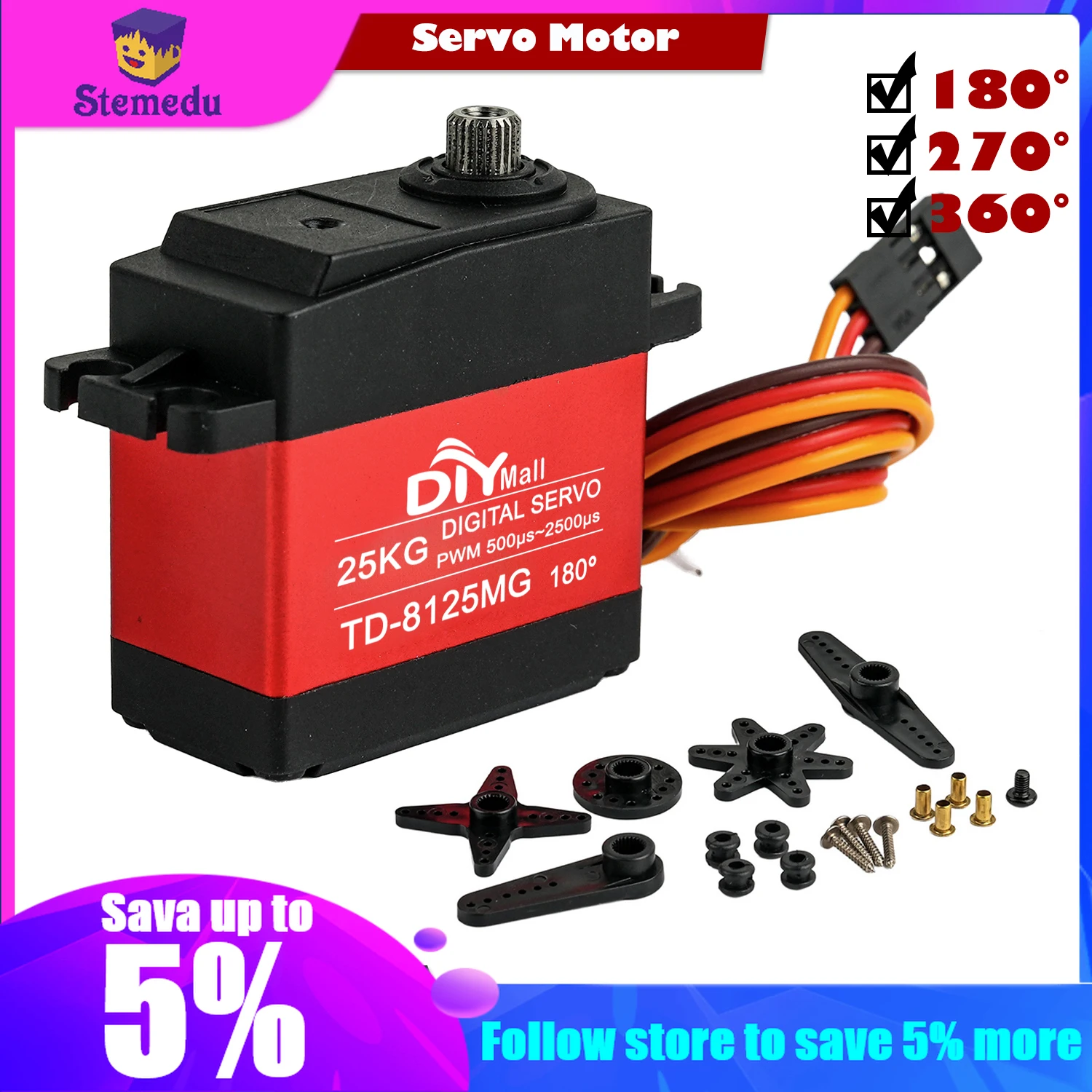 TD-8125MG 25KG Digital Servo PWM Control Large Torque Metal Gear Servo for DIY Robot RC Cars Model 360/270/180 Degree
TD-8125MG 25KG Digital Servo PWM Control Large Torque Metal Gear Servo for DIY Robot RC Cars Model 360/270/180 Degree