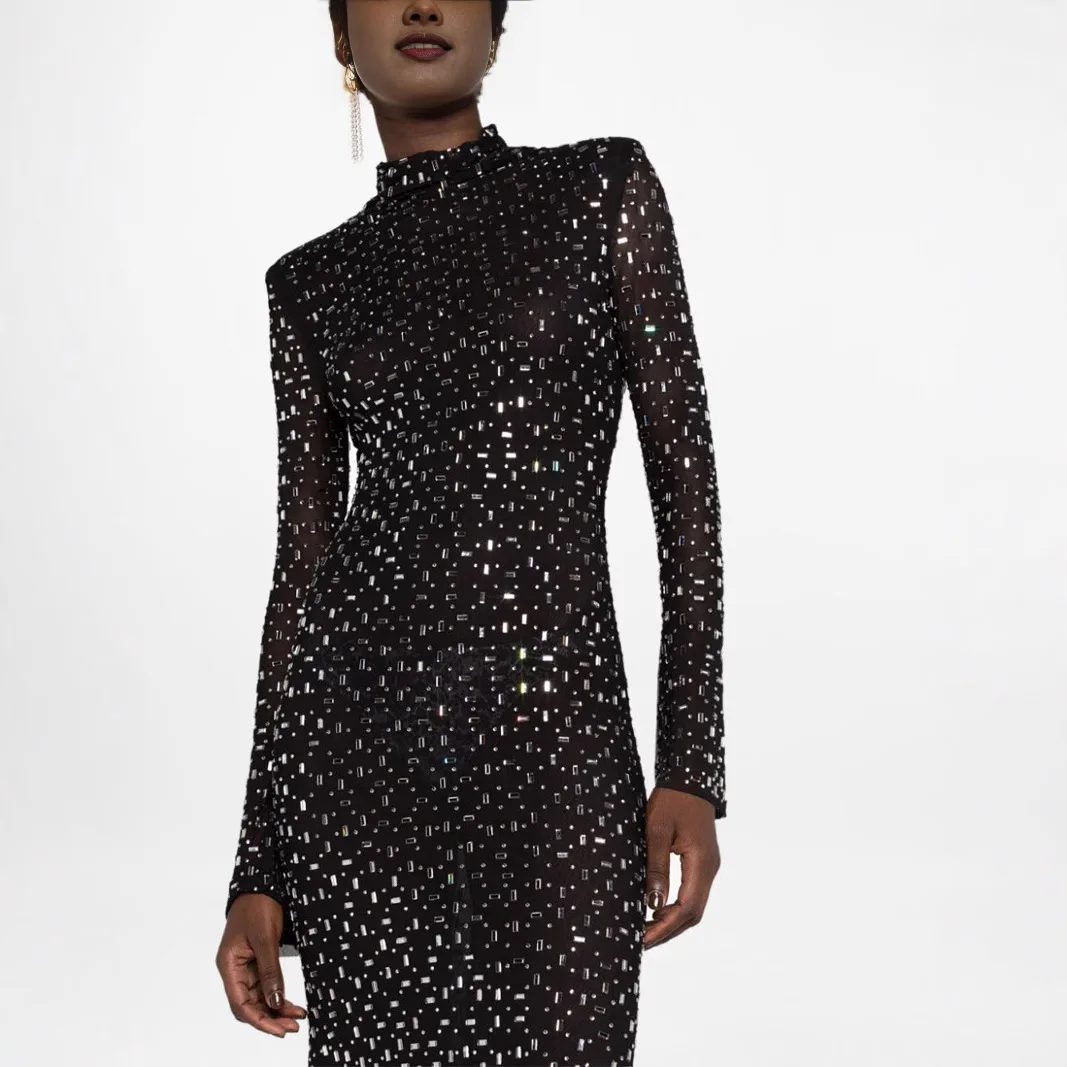 Stylish New Women's Black Dress Sheer Long Sleeve Drilling Calf-length Dresses Sparkling Embellishments Ideal for Evening Event
Stylish New Women's Black Dress Sheer Long Sleeve Drilling Calf-length Dresses Sparkling Embellishments Ideal for Evening Event