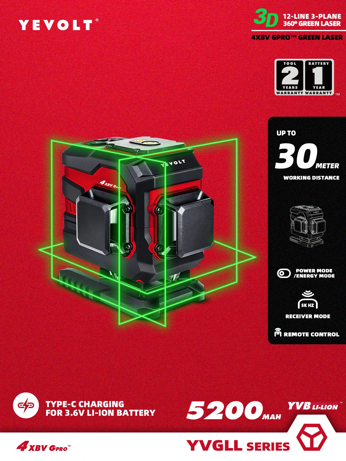Уровень лазерный YEVOLT YVGLL4XS12TPRO, зеленый лазер, 3 уровня, 12 линий, самонивелирующийся, 360 в, 3,6 а/ч
Уровень лазерный YEVOLT YVGLL4XS12TPRO, зеленый лазер, 3 уровня, 12 линий, самонивелирующийся, 360 в, 3,6 а/ч