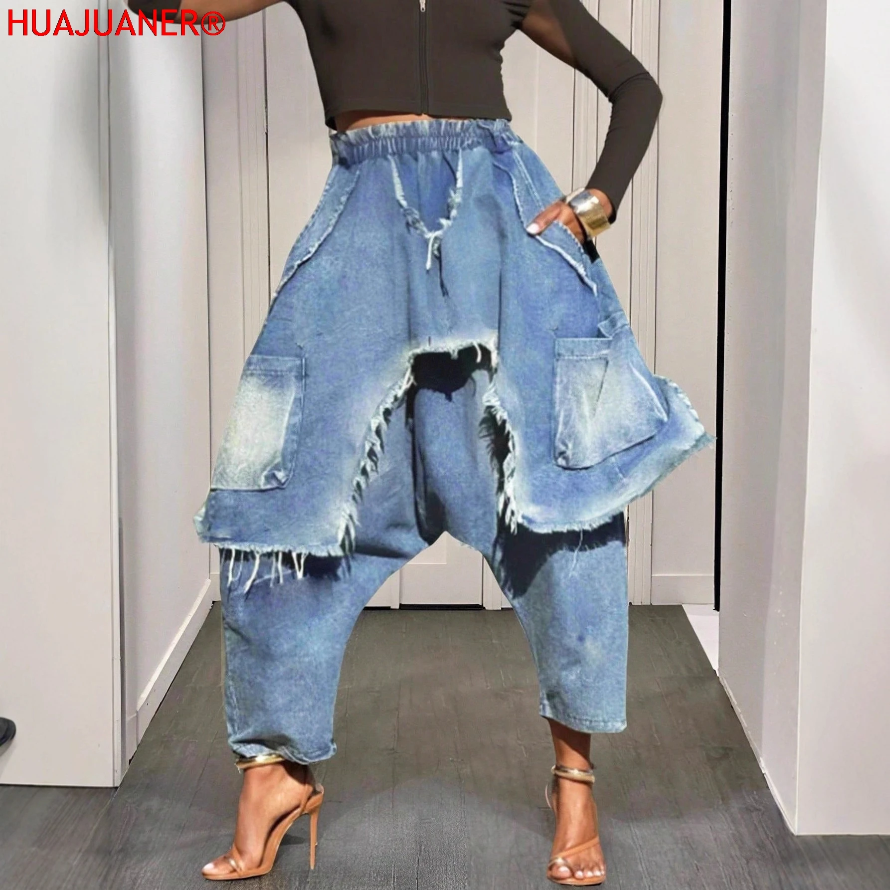 Harem Pants Jeans Women Ripped Elastic Waist Patchwork Pockets Ankle Length Trousers Female Distressed Vintage Denims Streetwear
Harem Pants Jeans Women Ripped Elastic Waist Patchwork Pockets Ankle Length Trousers Female Distressed Vintage Denims Streetwear
