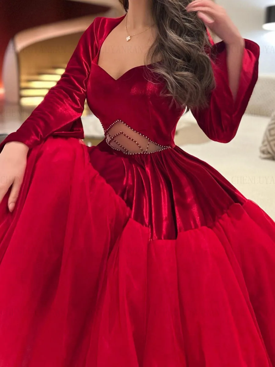 Red Velour Formal Occasion Dresses 2025 V-Neck Tea-Length Party Dress Beading 3/4 Sleeves Simple Evening Gowns فساتين السهرة
Red Velour Formal Occasion Dresses 2025 V-Neck Tea-Length Party Dress Beading 3/4 Sleeves Simple Evening Gowns فساتين السهرة
