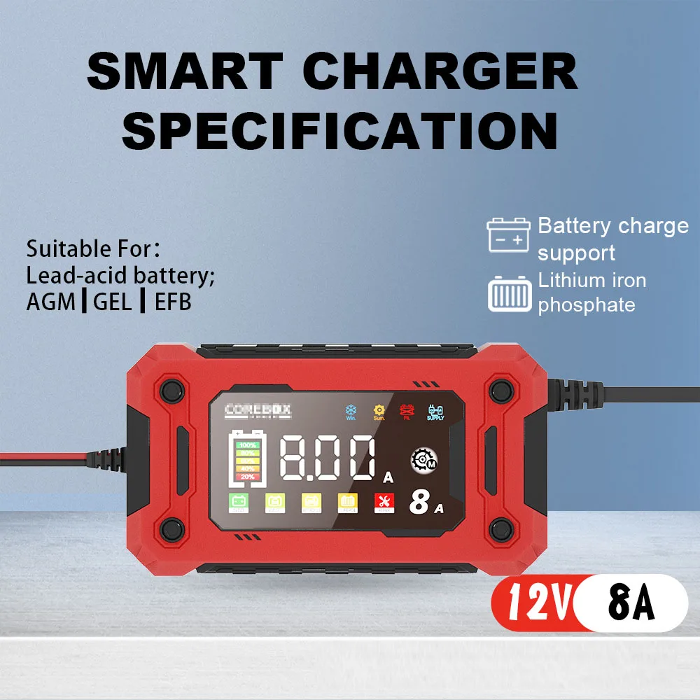 12V 8A Car Battery Charger With Power Recovery Function LED Digital Touch Screen Suitable For Automotive AGM GEL Batteries
12V 8A Car Battery Charger With Power Recovery Function LED Digital Touch Screen Suitable For Automotive AGM GEL Batteries