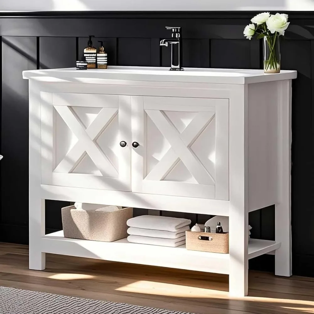 Farmhouse Bathroom Vanity with Sink, 35 Inch Bathroom Vanity Cabinet, Freestanding Vanity, 2 Doors and Open Shelf, Bathroom Cab
Farmhouse Bathroom Vanity with Sink, 35 Inch Bathroom Vanity Cabinet, Freestanding Vanity, 2 Doors and Open Shelf, Bathroom Cab