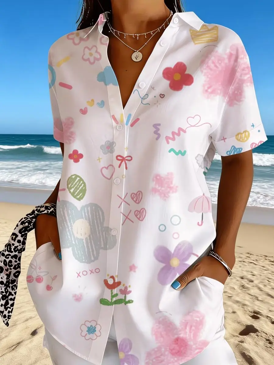Women's Cute Doodle Floral Print Button Down Shirt, Casual Collared Tops for Spring Summer Daily Vacation Wear
Women's Cute Doodle Floral Print Button Down Shirt, Casual Collared Tops for Spring Summer Daily Vacation Wear