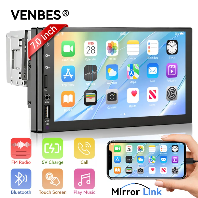 VENBES Car Radio 7 Inch Mirror Link 1 DIN HD Touch screen Multimedia Playback Bluetooth Reversing Camera USB TF FM
VENBES Car Radio 7 Inch Mirror Link 1 DIN HD Touch screen Multimedia Playback Bluetooth Reversing Camera USB TF FM