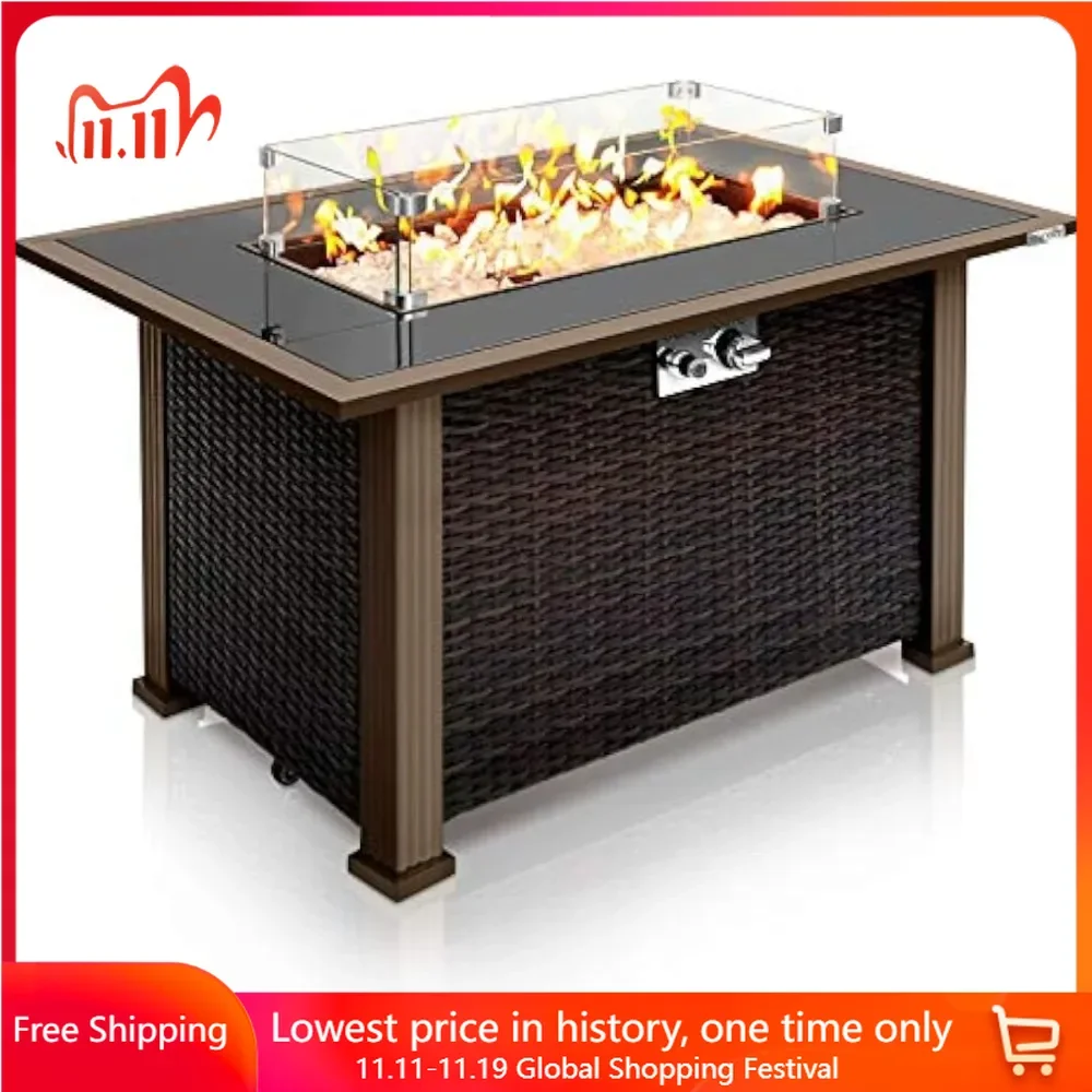 Fire Pit Table, Rattan Panel, Black Tempered Glasses Tabletop, Glass Wind Guard, Clear Glass Rocks, Propane Gas Fire Pit Table
Fire Pit Table, Rattan Panel, Black Tempered Glasses Tabletop, Glass Wind Guard, Clear Glass Rocks, Propane Gas Fire Pit Table