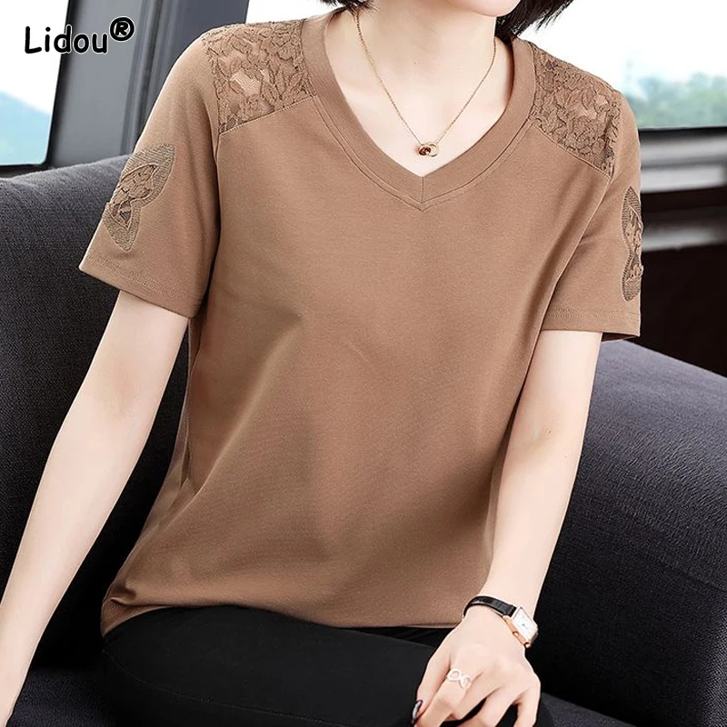 Summer Thin 2023 Round Neck T-Shirts Solid Color Pullovers Elegant Fashion Patchwork Hollow Out Lace Women's Clothing Casual
Summer Thin 2023 Round Neck T-Shirts Solid Color Pullovers Elegant Fashion Patchwork Hollow Out Lace Women's Clothing Casual