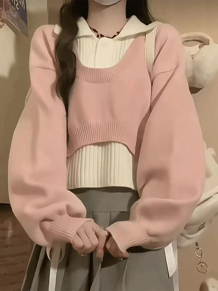 Korean Sle ort Ne Knitted Sweater Fake Two-Piece Set Spring Autumn Women's Faion Sweet College Routine Model
Korean Sle ort Ne Knitted Sweater Fake Two-Piece Set Spring Autumn Women's Faion Sweet College Routine Model