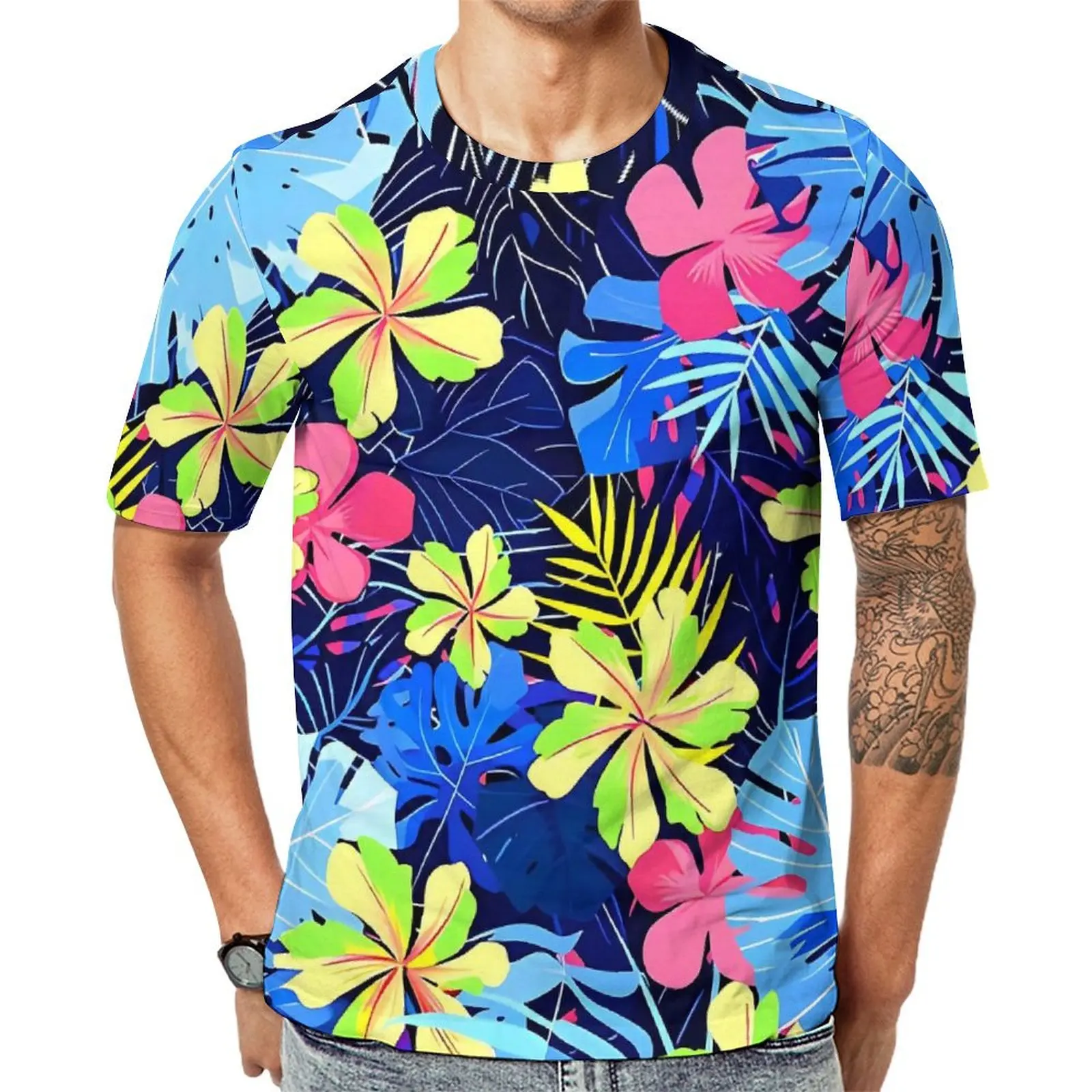 Синяя футболка с тропическим цветочным дизайном для мужчин, футболки с графическим круглым вырезом, летняя модная одежда, базовые футболки с короткими рукавами больших размеров 
Синяя футболка с тропическим цветочным дизайном для мужчин, футболки с графическим круглым вырезом, летняя модная одежда, базовые футболки с короткими рукавами больших размеров