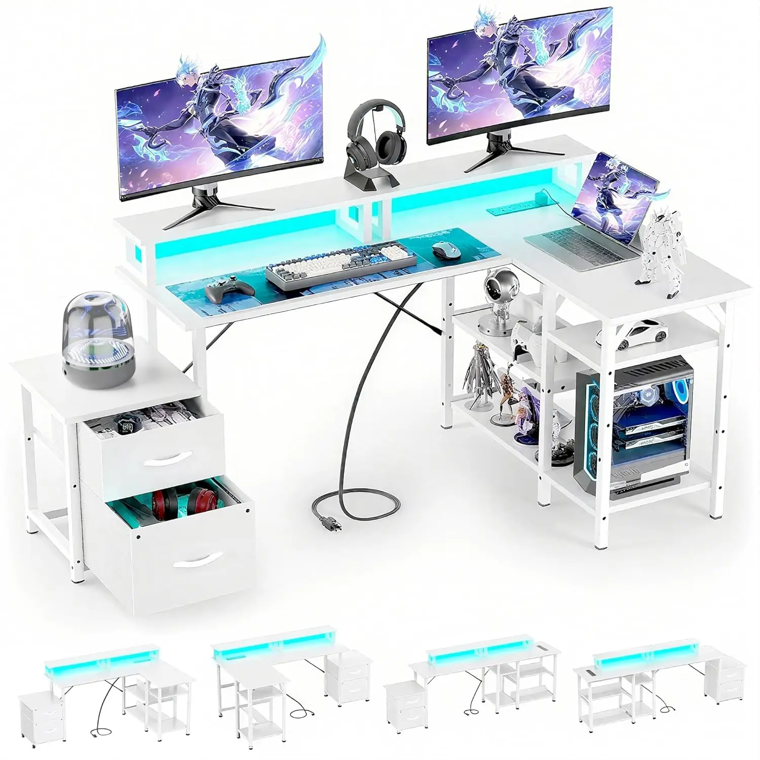 L-Shape Computer Desk with File Drawers Power Outlet Monitor Stand Storage Shelves LED CPU Stand 69in White Customized
L-Shape Computer Desk with File Drawers Power Outlet Monitor Stand Storage Shelves LED CPU Stand 69in White Customized