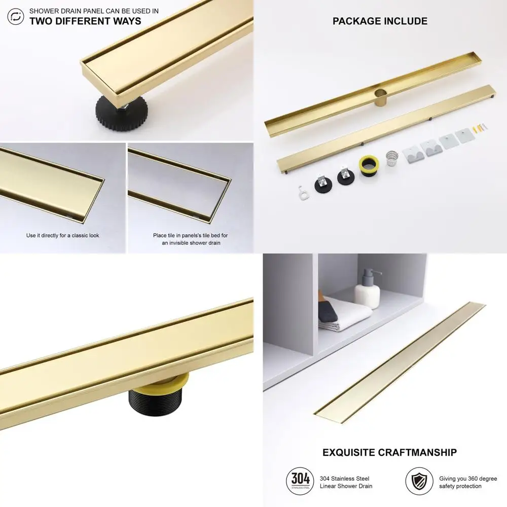 36 Brushed Gold Linear Shower Drain, Rectangular Tile-in Pattern with Hair Strainer, 128 Characters Bathroom Drain Kit
36 Brushed Gold Linear Shower Drain, Rectangular Tile-in Pattern with Hair Strainer, 128 Characters Bathroom Drain Kit
