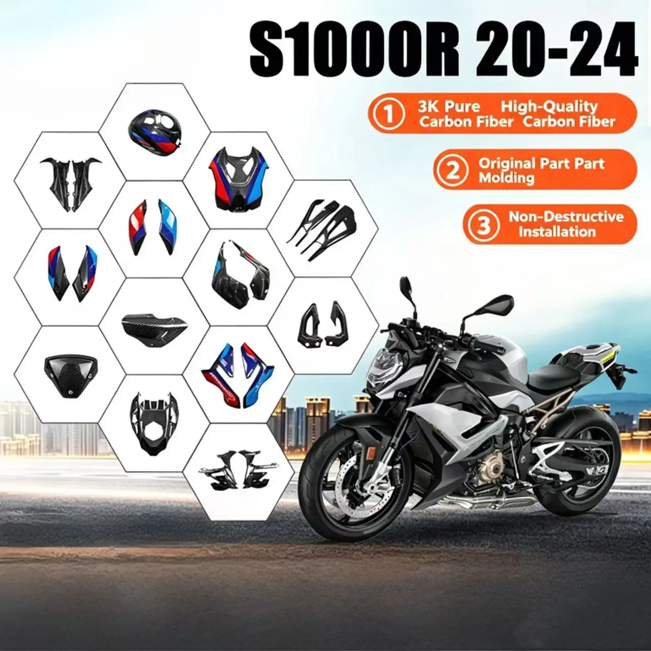 Suitable for 2020 - 2024 carbon fiber accessory shell of the BMW S1000R Racer Edition Dry carbon air intake cover and mudguard
Suitable for 2020 - 2024 carbon fiber accessory shell of the BMW S1000R Racer Edition Dry carbon air intake cover and mudguard