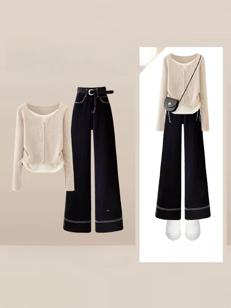 Простой вязаный открытый кардиган с высокой талией, прямые джинсы, повседневный комплект, осенне-зимний модный женский ансамбль
Простой вязаный открытый кардиган с высокой талией, прямые джинсы, повседневный комплект, осенне-зимний модный женский ансамбль