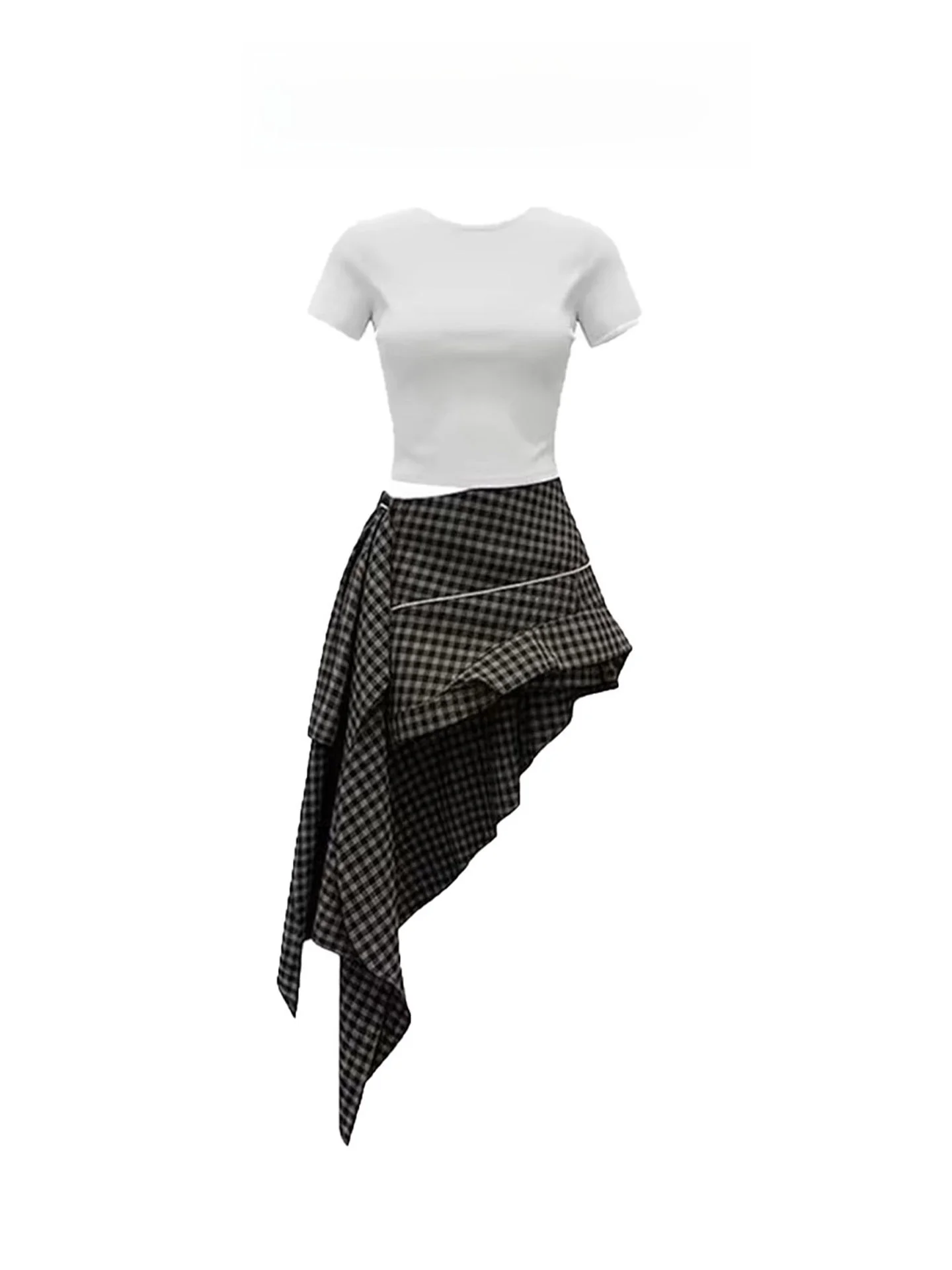 Korean Style Summer Fashion Set Women's White Short Shoulder Top Sexy Plaid Uneven Skirt High Waist round Neck T-shirt
Korean Style Summer Fashion Set Women's White Short Shoulder Top Sexy Plaid Uneven Skirt High Waist round Neck T-shirt
