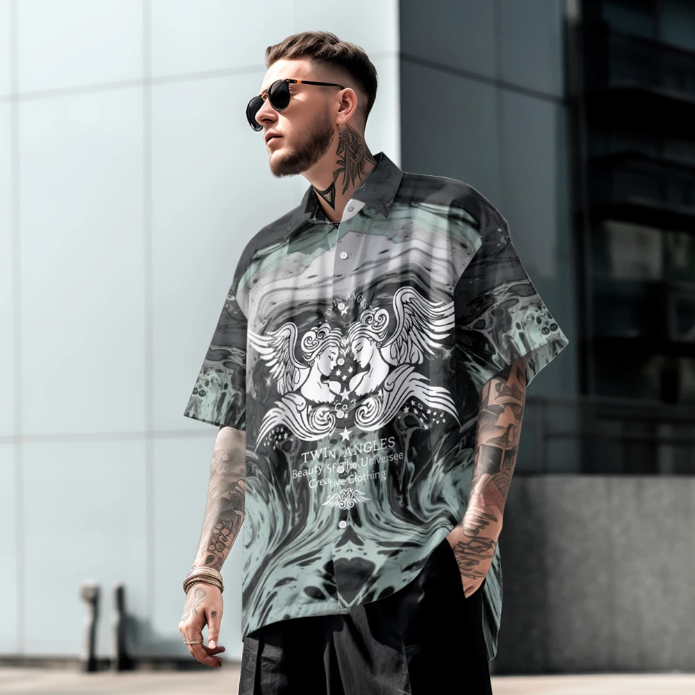 Summer casual oversized short sleeved shirt with angel print, loose fit to Hawaii beach comfortable trend, single breasted
Summer casual oversized short sleeved shirt with angel print, loose fit to Hawaii beach comfortable trend, single breasted
