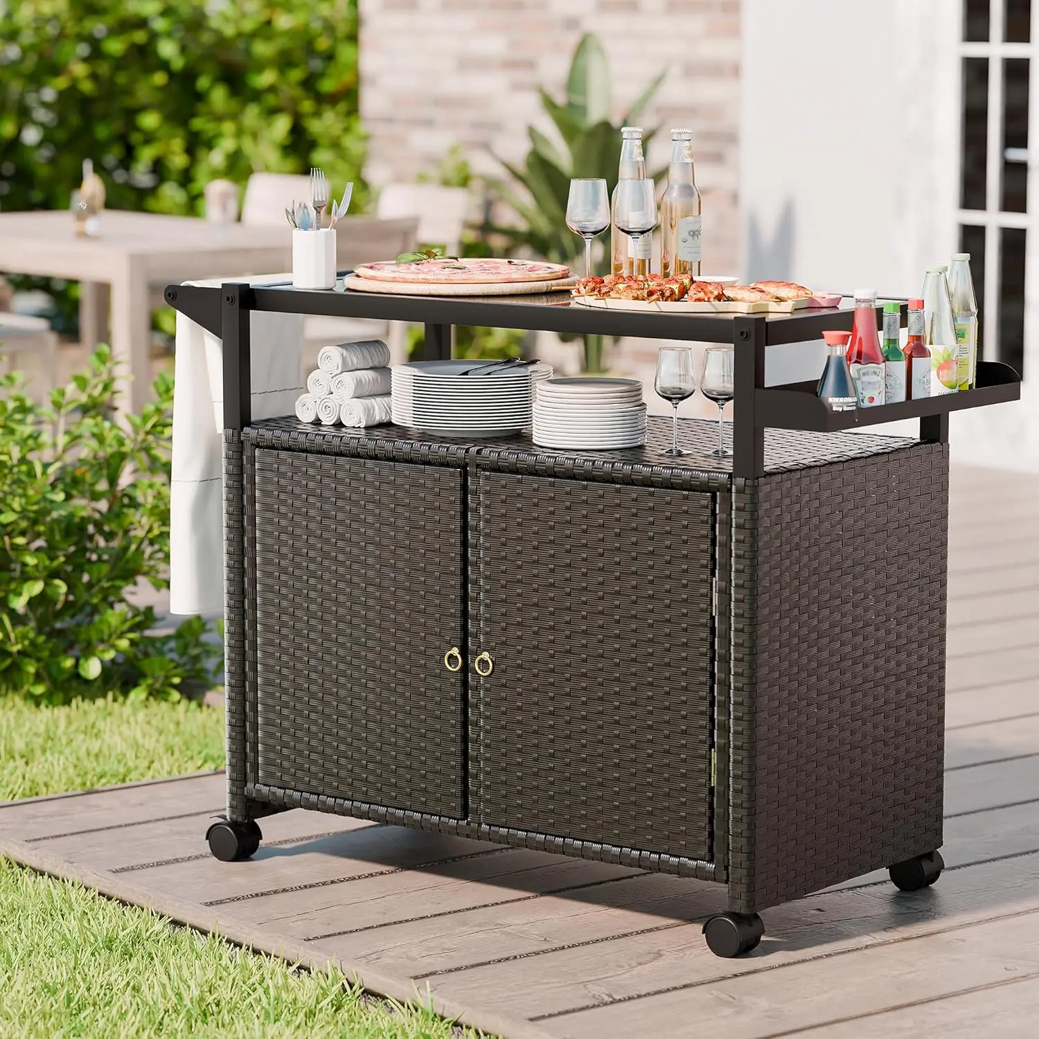 Outdoor Bar Cart with Storage and Wheels, Outdoor Bar Table with Tempered Glass Top & Shelf, Rolling Wicker Storage Cabinet with
Outdoor Bar Cart with Storage and Wheels, Outdoor Bar Table with Tempered Glass Top & Shelf, Rolling Wicker Storage Cabinet with