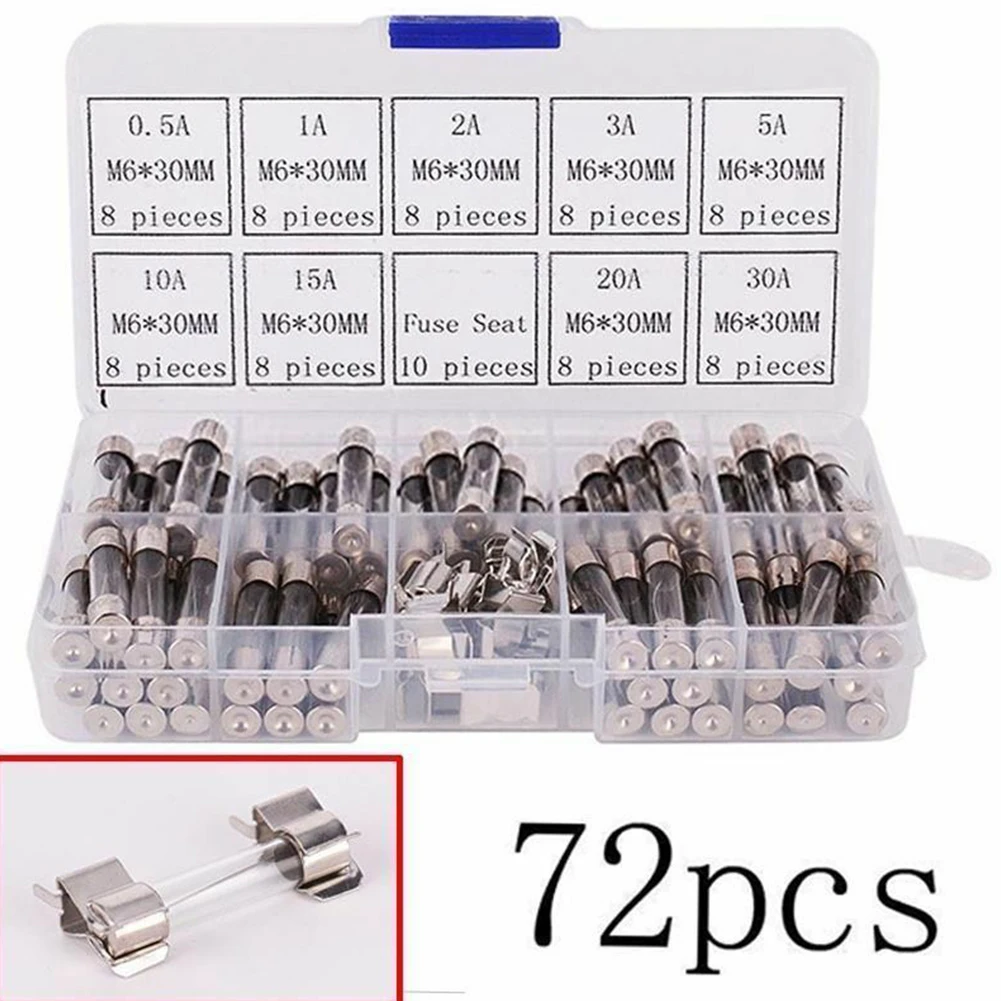 72Pcs 6x30mm Quick Blow Glass Tube Fuses with 10 Fuse Holders for Reliable Circuit Protection 0.5A to 30A Range at 250V
72Pcs 6x30mm Quick Blow Glass Tube Fuses with 10 Fuse Holders for Reliable Circuit Protection 0.5A to 30A Range at 250V